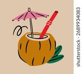 Coconut cocktail drink with straw and small umbrella. Hawaiian tropical exotic symbol. Hand drawn Vector illustration. Isolated design element. Logo, print, sticker template