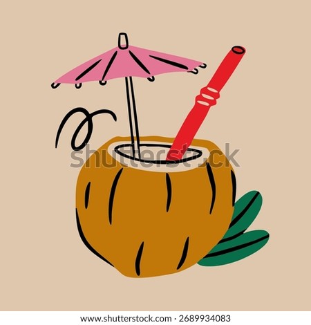 Coconut cocktail drink with straw and small umbrella. Hawaiian tropical exotic symbol. Hand drawn Vector illustration. Isolated design element. Logo, print, sticker template