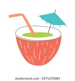 Coconut cocktail drink with Straw and Umbrella. Vector Flat Cartoon Illustration Isolated on White. Hand drawn Colorful Summer Tropical Beverage with Juice Nut milk. Vacation concept, Caribbean party