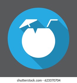 Coconut cocktail flat icon. Round colorful button, circular vector sign with long shadow effect. Flat style design