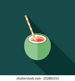 Coconut cocktail flat square icon with long shadows.