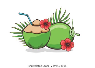 Coconut cocktail with flowers and leaf. Green coco water drink with drinking straw. Tropical paradise, dessert food and drink, summer concept