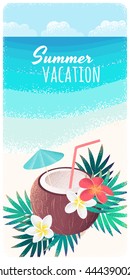 Coconut cocktail with frangipani (plumeria) flowers and palm leaves, tropical beach, sky and clouds, seascape vertical banner. Retro vector illustration. Place for your text. Invitation, card, poster