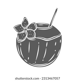 Coconut cocktail glyph icon vector illustration. Stamp of summer tropics beach drink, half of coco fruit with pina colada or fresh juice, straw and plumeria flower, tropical refreshing cocktail