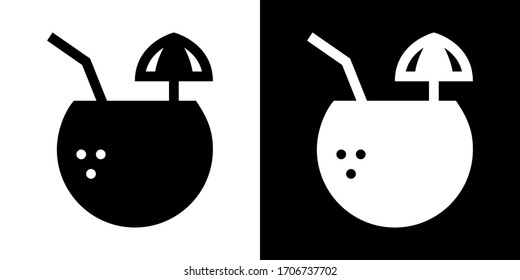 Coconut Cocktail. Glyph Icon in White and Black Version.