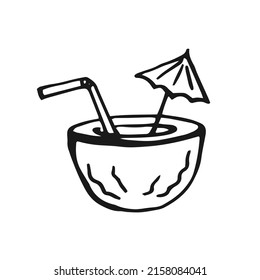 Coconut cocktail. Hand drawn vector illustration. Line art style isolated isolated on white background.