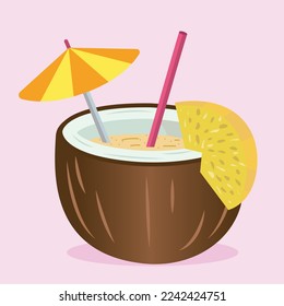 Coconut Cocktail Icon. Flat style logotype template with cocktail. Coconut with drink icons for menu, web and graphic design. Vector illustration.