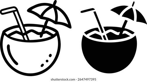 Coconut Cocktail Icon Set – Black and White Tropical Drink Symbol Vector Illustration