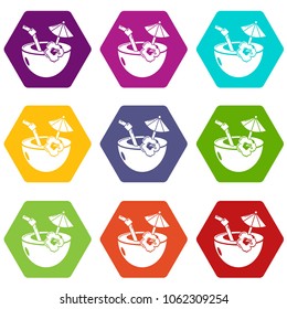 Coconut cocktail icons 9 set coloful isolated on white for web