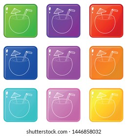 Coconut cocktail icons set 9 color collection isolated on white for any design