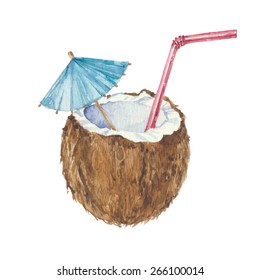 Coconut Cocktail  Isolated On A White Background.Vector, Watercolor Hand Drawn  Illustration.