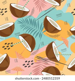 Coconut, cocktail, leaves and abstract elements. Summery, tropical seamless pattern. 