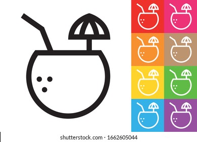 Coconut Cocktail. Line Icon With Different Color Background.