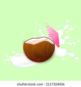 Coconut Cocktail. Milk splash and coconut, 3d vector object. Coconut with drink icons for menu, web and graphic design.Vector illustration.