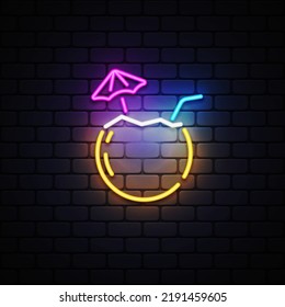 Coconut Cocktail neon, great design for any purposes. Vector logo illustration