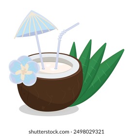 Coconut cocktail with nut milk, cold summer drink with a straw, decorative umbrella, flower and palm leaves, vector colorful illustration