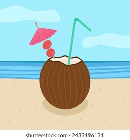 coconut cocktail on beach. Vector Illustration for printing, backgrounds, covers and packaging. Image can be used for greeting cards, posters, stickers and textile. Isolated on white background.