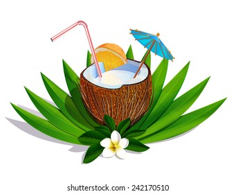 Coconut cocktail on palm leaves