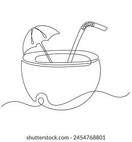 Coconut cocktail in one line with an umbrella and a straw. Minimalistic continuous line vector illustration, icon, logo Cocktail in coconut. Umbrella, tube.