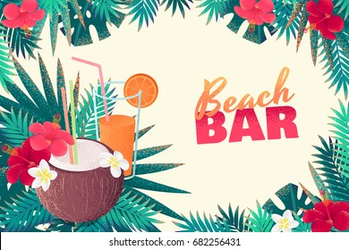 Coconut cocktail, orange juice, palm leaves, frangipani (plumeria) and hibiscus flowers horizontal template. Place for your text. Retro vector illustration. Invitation, banner, card, poster, flyer