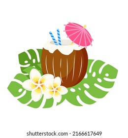 Coconut cocktail with paper umbrella and drinking straws. Exotic tropical drink, summer paradise. Isolated vector illustration