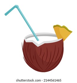 Coconut cocktail with a piece of pineapple and a straw. Vector cartoon illustration isolated on a white background.