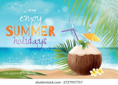 Cartaz de coco. Bebida realista de noz de coco na praia do mar da tailândia ou ilha do paraíso do havaí, suco fresco de coco com palha 3d tropical verão viagem vetor ilustração