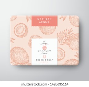 Coconut Cocktail Soap Cardboard Box. Abstract Vector Wrapped Paper Container with Label Cover. Packaging Design. Modern Typography and Hand Drawn Nuts and Leaves Background Pattern Layout. Isolated.