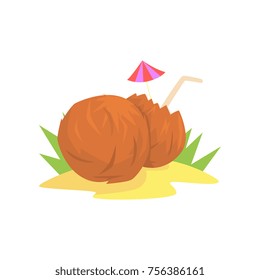Coconut and a coconut cocktail with a straw cartoon vector illustration