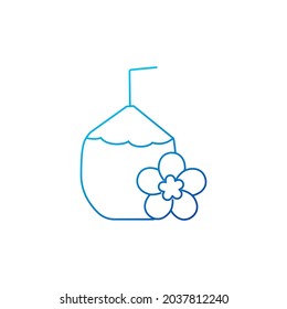 Coconut cocktail with straw and flower outline icon. Coconut milk. Maldives drink. Exotic vacation. Tropical resort. Blue gradient symbol. Isolated vector stock illustration