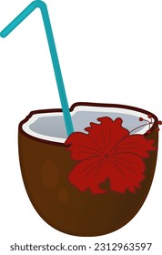 Cocktail aus Kokosnuss mit Stroh und Blume. Vektorgrafik von Beach Drink im Cartoon-Stil