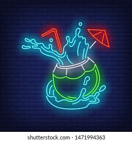 Coconut cocktail with straw and splashes neon sign. Tropical drink, beverage, freshness design. Night bright neon sign, colorful billboard, light banner. Vector illustration in neon style.
