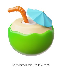 Coconut cocktail with straw and umbrella 3D plastic cartoon style vector icon. Tropical refreshing drink, fruit beverage. Realistic summer vacation theme design. Ripe green coconut