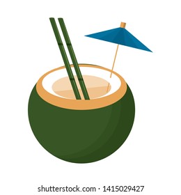 Coconut cocktail with straw and umbrella cartoon vector illustration graphic design