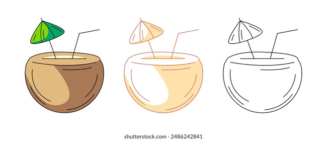 Coconut cocktail with straw and umbrella, colorful and line icons set. Summer, vector outline icon, monochrome and color illustration. Tropical, exotic drink, summertime. For sticker, coloring book