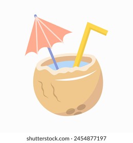 Coconut cocktail with straw and umbrella in flat style. Summer beach design elements.