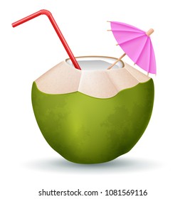 Coconut cocktail with straw and umbrella on white background