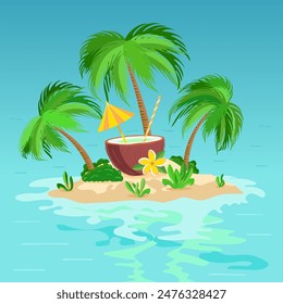 Coconut cocktail with straw and umbrella, tropical frangipani flower, palm trees and exotic leaves on island, flat vector illustration. Summer sea vacation, tropical beach party design element.