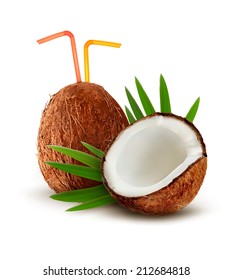 Coconut and a coconut cocktail with a straw. Vector. 