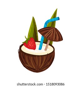 Coconut Cocktail With Strawberries And Brown Umbrella Vector Illustration Isolated On White Background