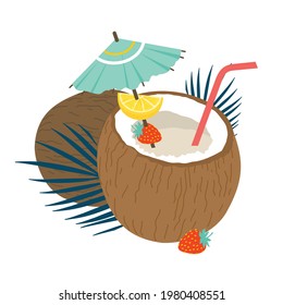 Coconut with a cocktail, strawberries, strawberries and an umbrella. Vector, isolated, white background.