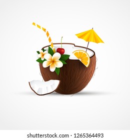 Coconut cocktail. Summer cocktail with exotic fruit, flower, orange, umbrella. Vector