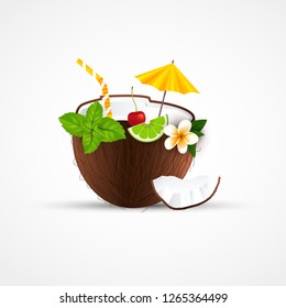 Coconut cocktail. Summer cocktail with exotic fruit, lime, mint, umbrella. Vector