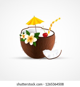 Coconut cocktail. Summer cocktail with exotic fruit, flower, cherry, umbrella. Vector