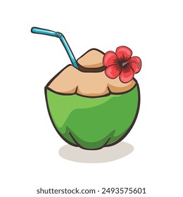 Coconut cocktail, summer time. Coco water drink vector cartoon illustration. Good for Icon, logo, flyer, print, banner, poster