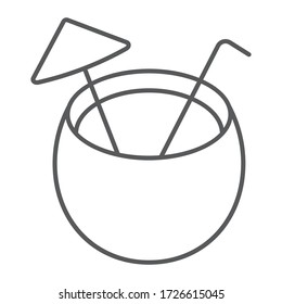 Coconut Cocktail thin line icon, summer and beach, cocktail drink sign vector graphics, a linear icon on a white background, eps 10
