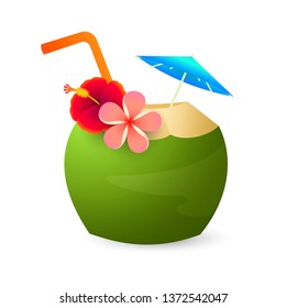 Coconut cocktail. Tropical drink with straw, flowers and umbrella.  