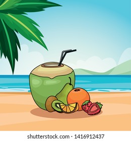 Coconut cocktail with tropical fruits on beach scenery background vector illustration graphic design