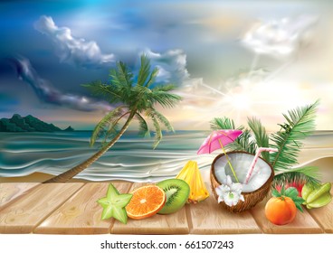 Coconut cocktail and tropical fruits on a sea beach background. Vector illustration