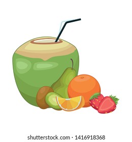 Coconut cocktail with tropical fruits vector illustration graphic design